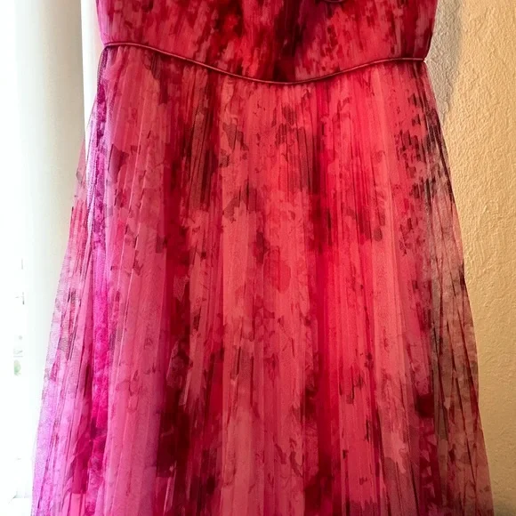 ML Monique Lhuillier Pleated Printed Tulle Midi Dress Women Size 8 - Picture 10 of 14
